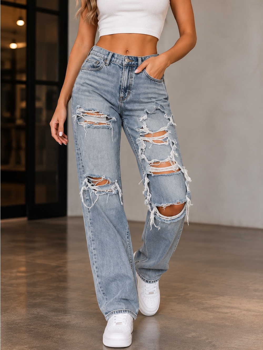 American Eagle Outfitters Light Blue Distressed Wide-Leg Jeans